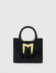 Black Crocodile Leather Tote Bag With Gold Buckle