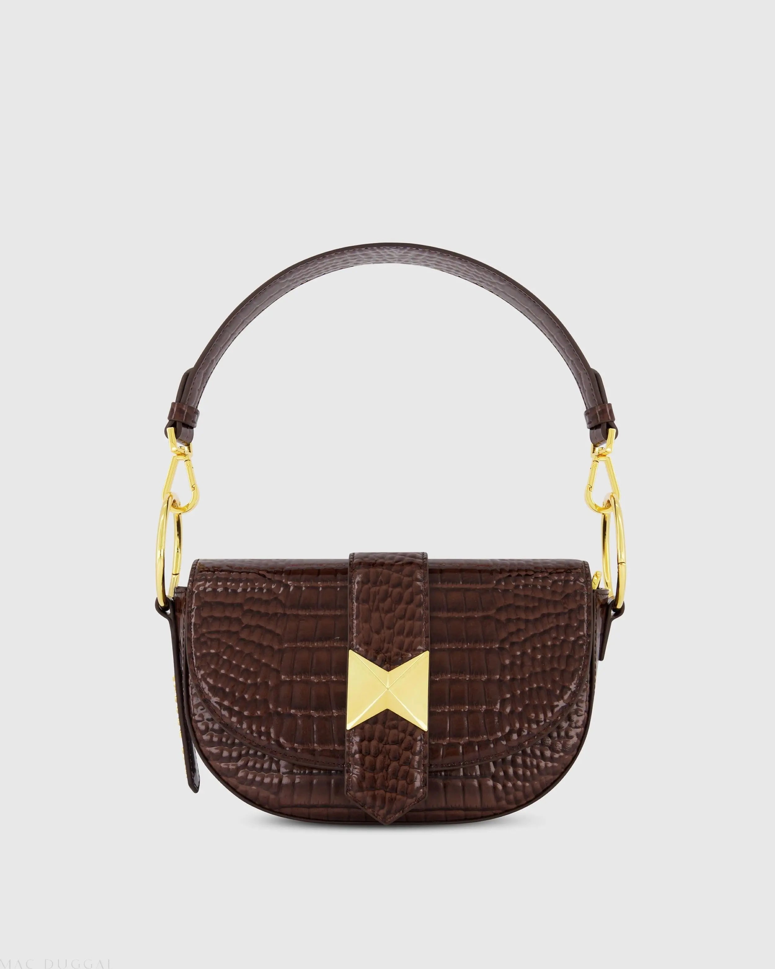 Brown Crocodile Leather Saddle Bag With Gold Hardware