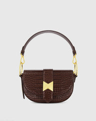 Brown Crocodile Leather Saddle Bag With Gold Hardware
