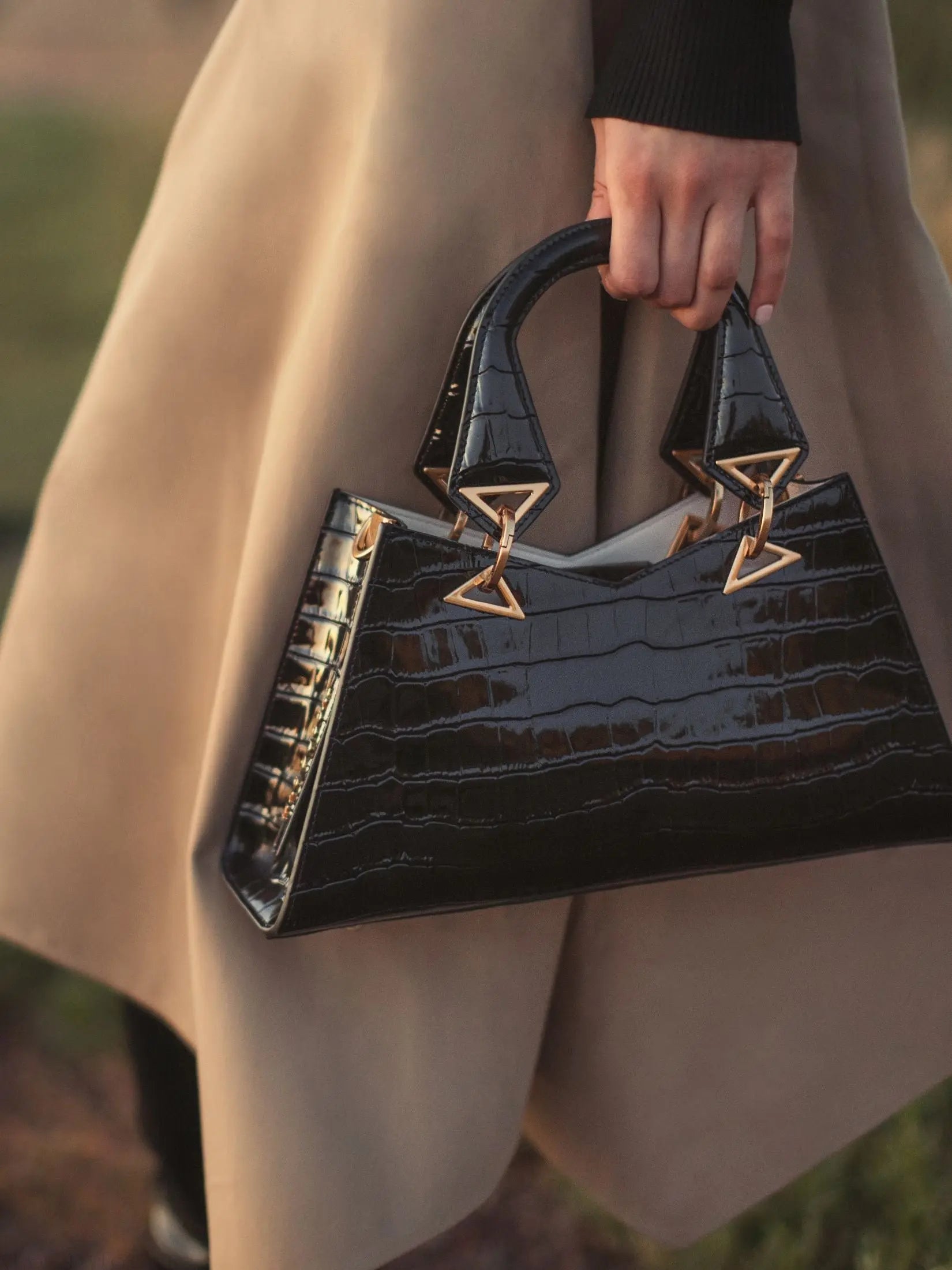 Black Crocodile Leather Handbag With Gold Hardware