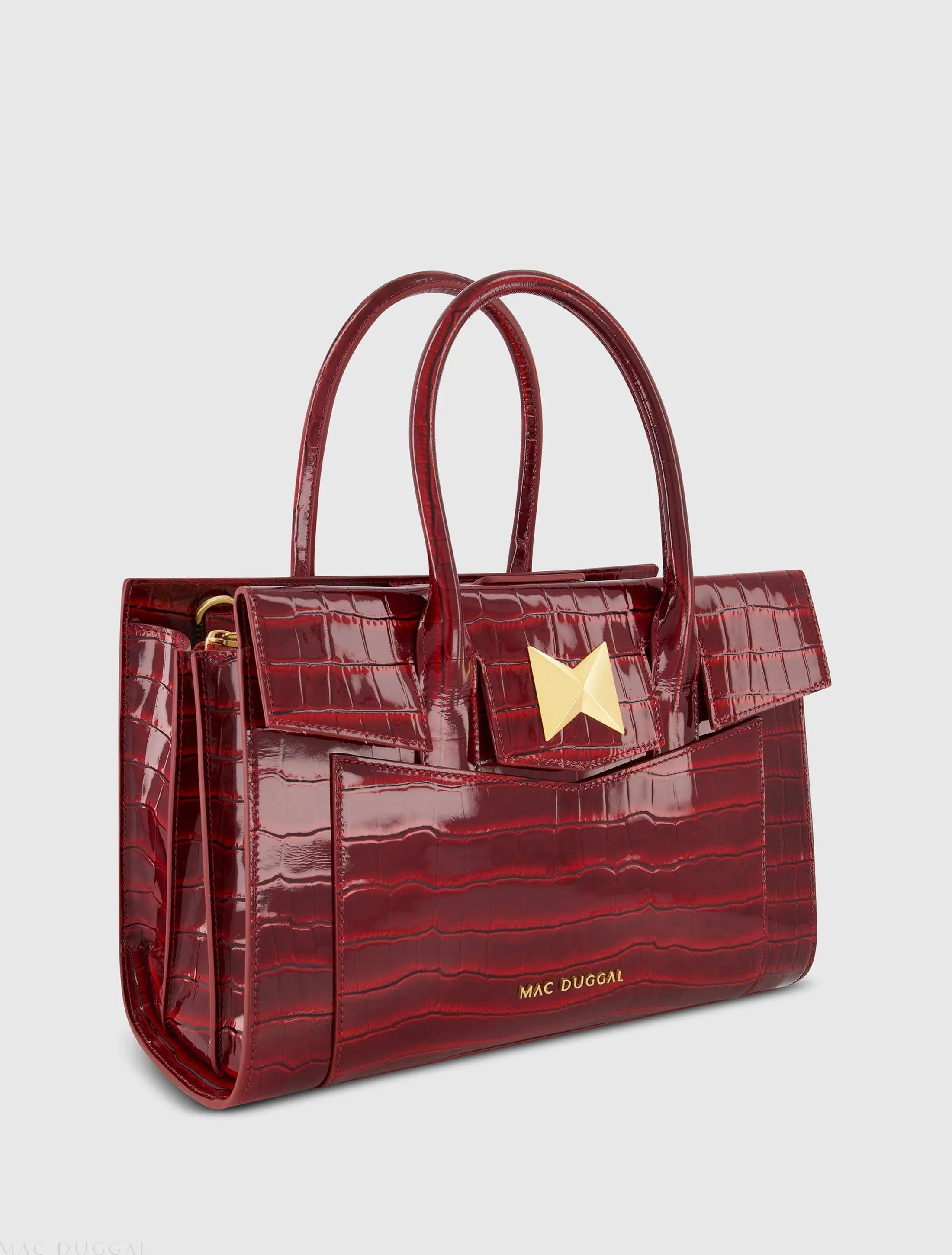 Red Crocodile Leather Tote Bag With Gold Hardware