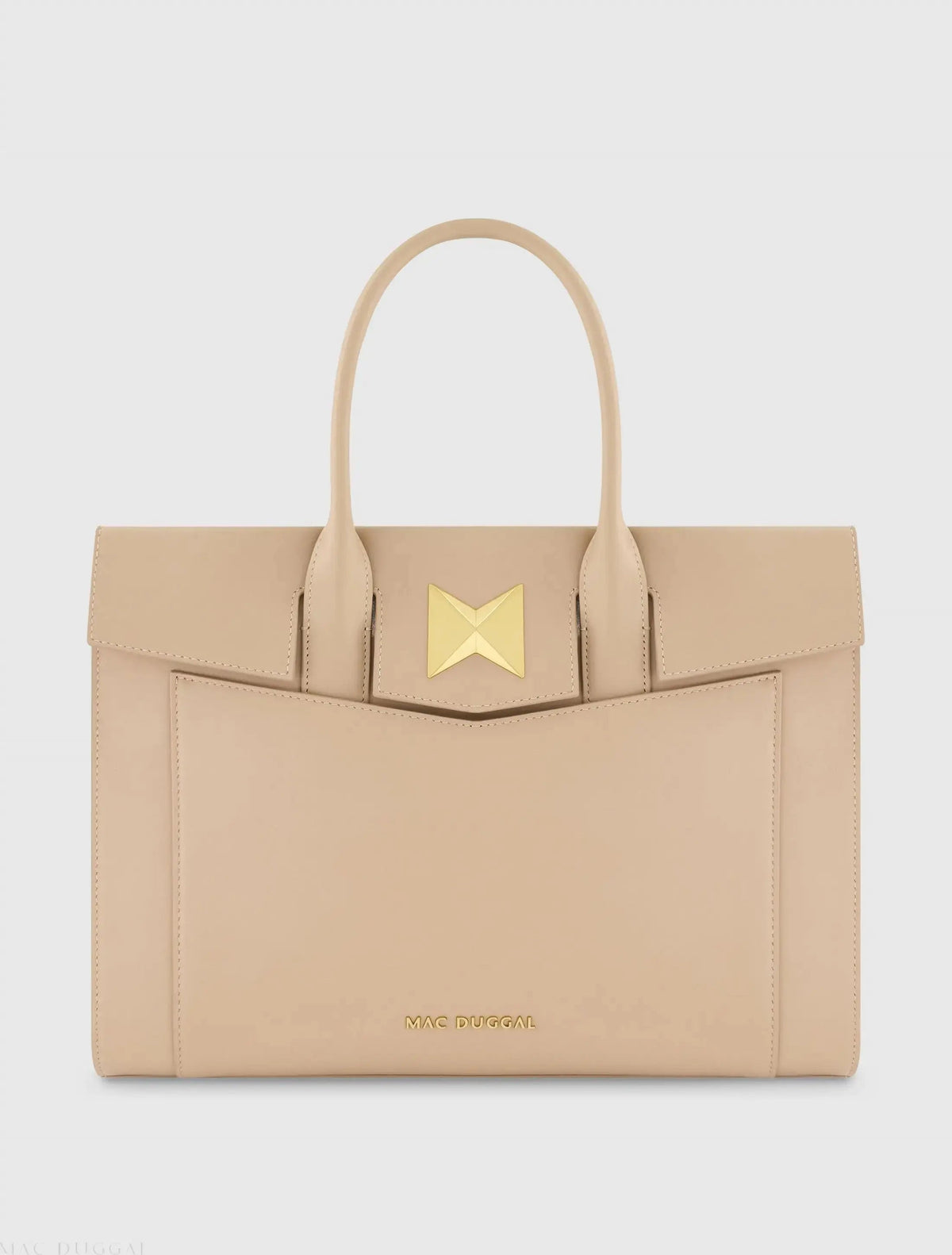 Beige Large Leather Briefcase Bag With Gold Hardware