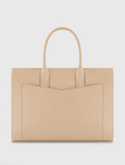 Beige Large Leather Briefcase Bag With Gold Hardware