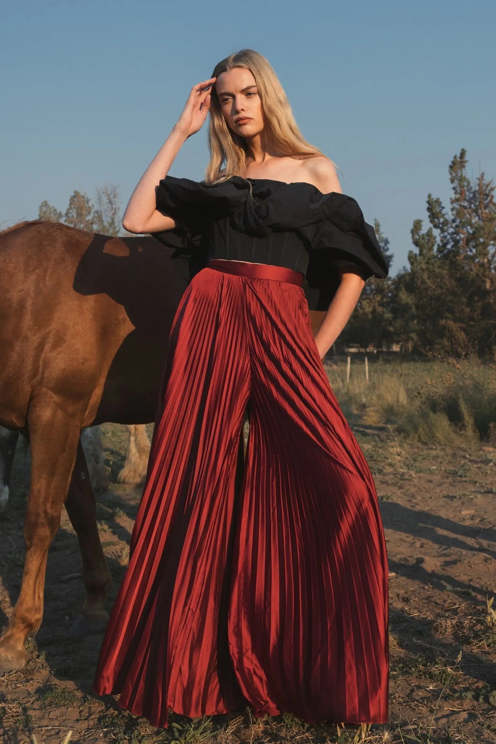 Red Pleated Charmeuse Wide Leg Pants