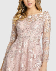 Long Sleeve Floral Embroidered Tea Length Dress