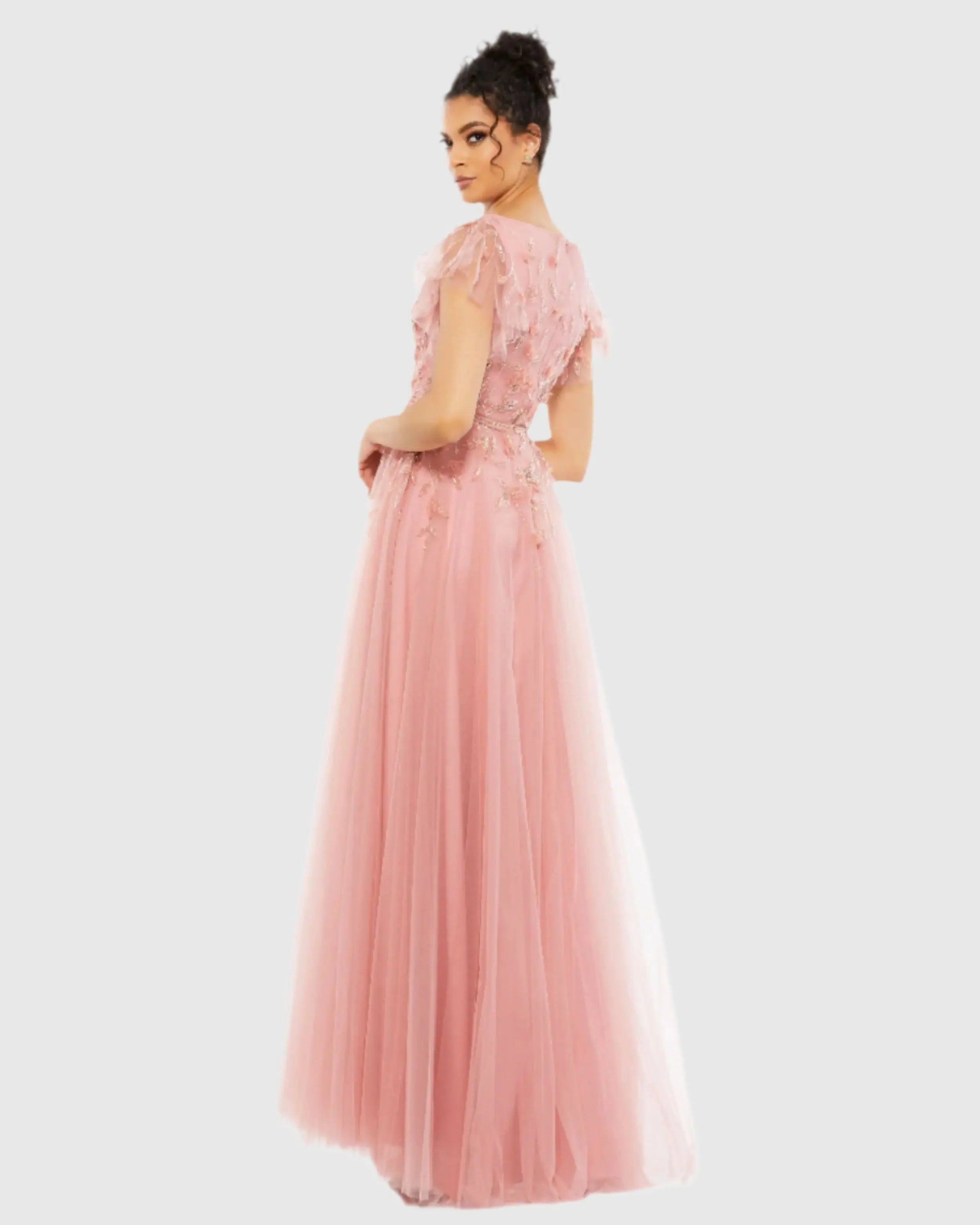 Pink Embellished Cap Sleeve V Neck Gown