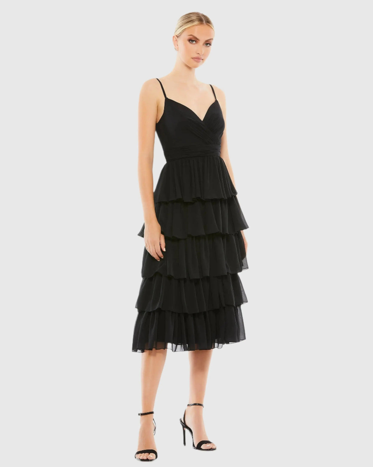Black Ruffle Layered V-Neck Midi Dress - FINAL SALE