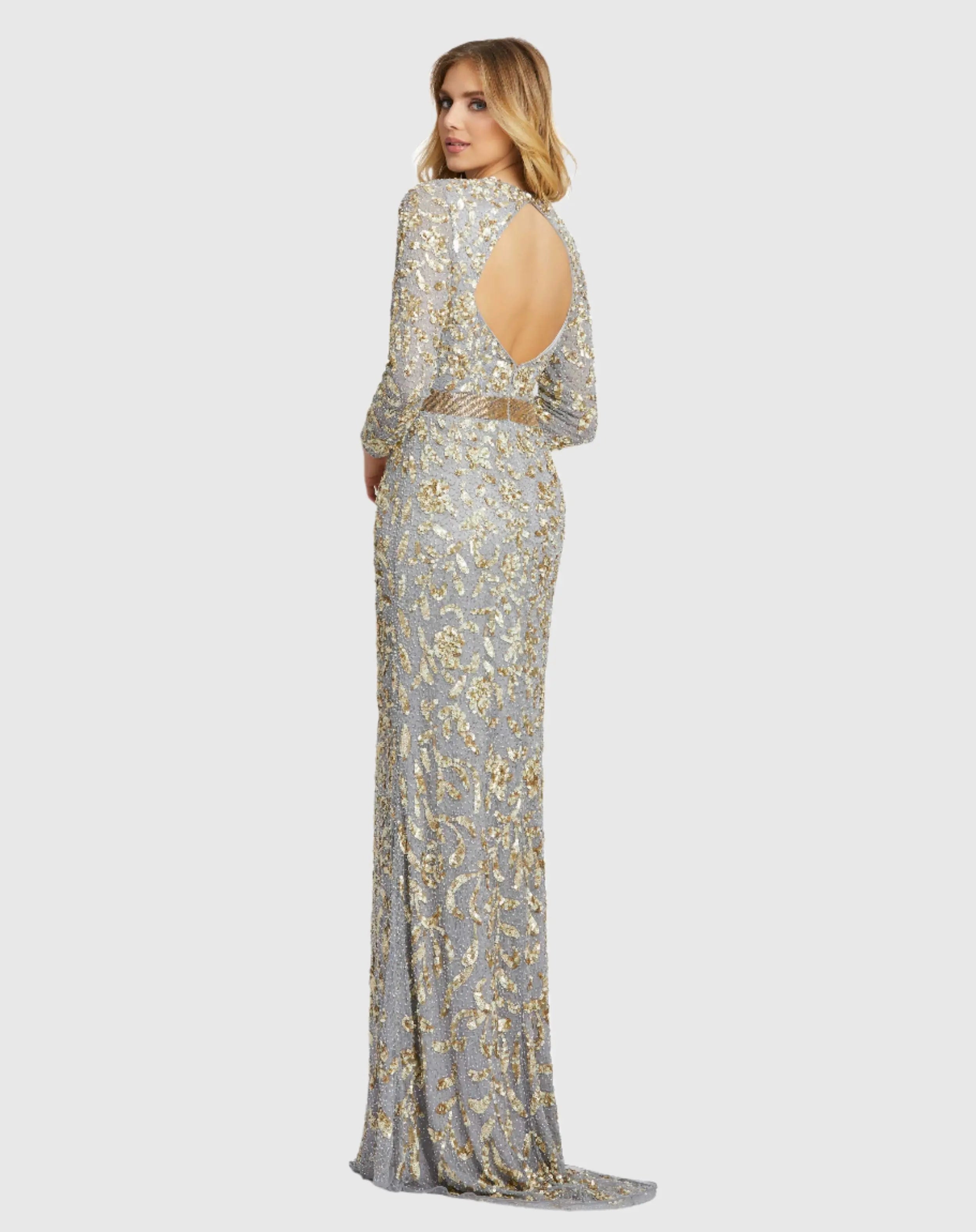 Silver Long Sleeve Embellished Gown