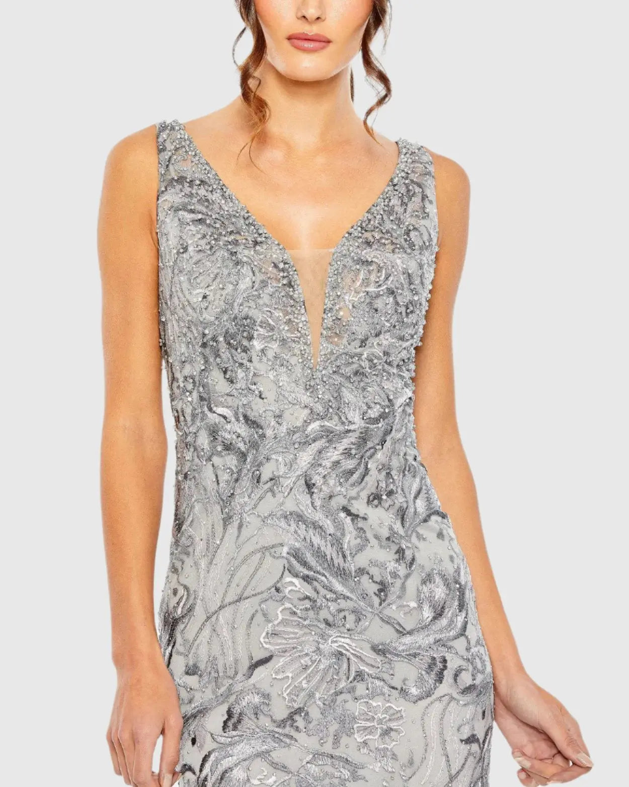 Gray Sleeveless High Neck Embroidered Gown